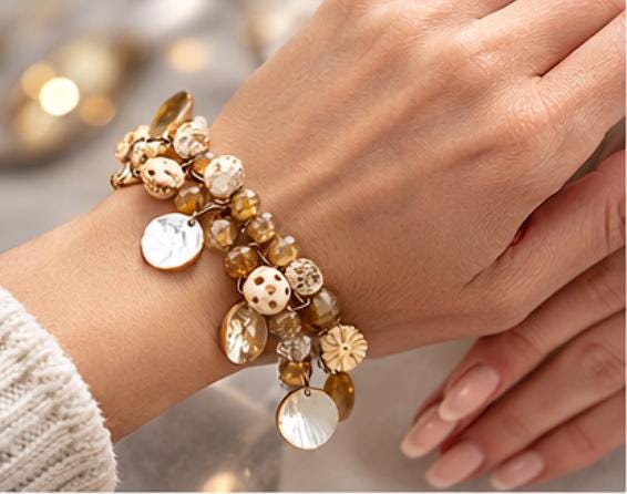 Vintage Beaded Charm Bracelet • Honey Amber Glass Beads • Carved Bone Beads • Mother of Pearl Charms • Boho Artisan Bracelet