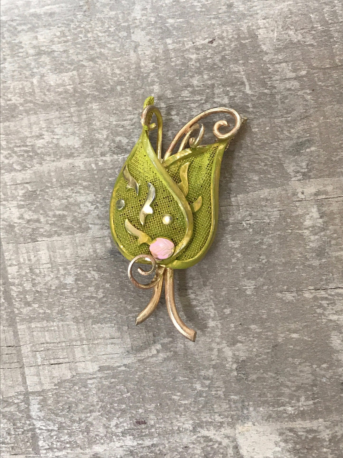 Revised, Modernized, Upcycled - hand painted vintage flower brooch pin with rhinestones