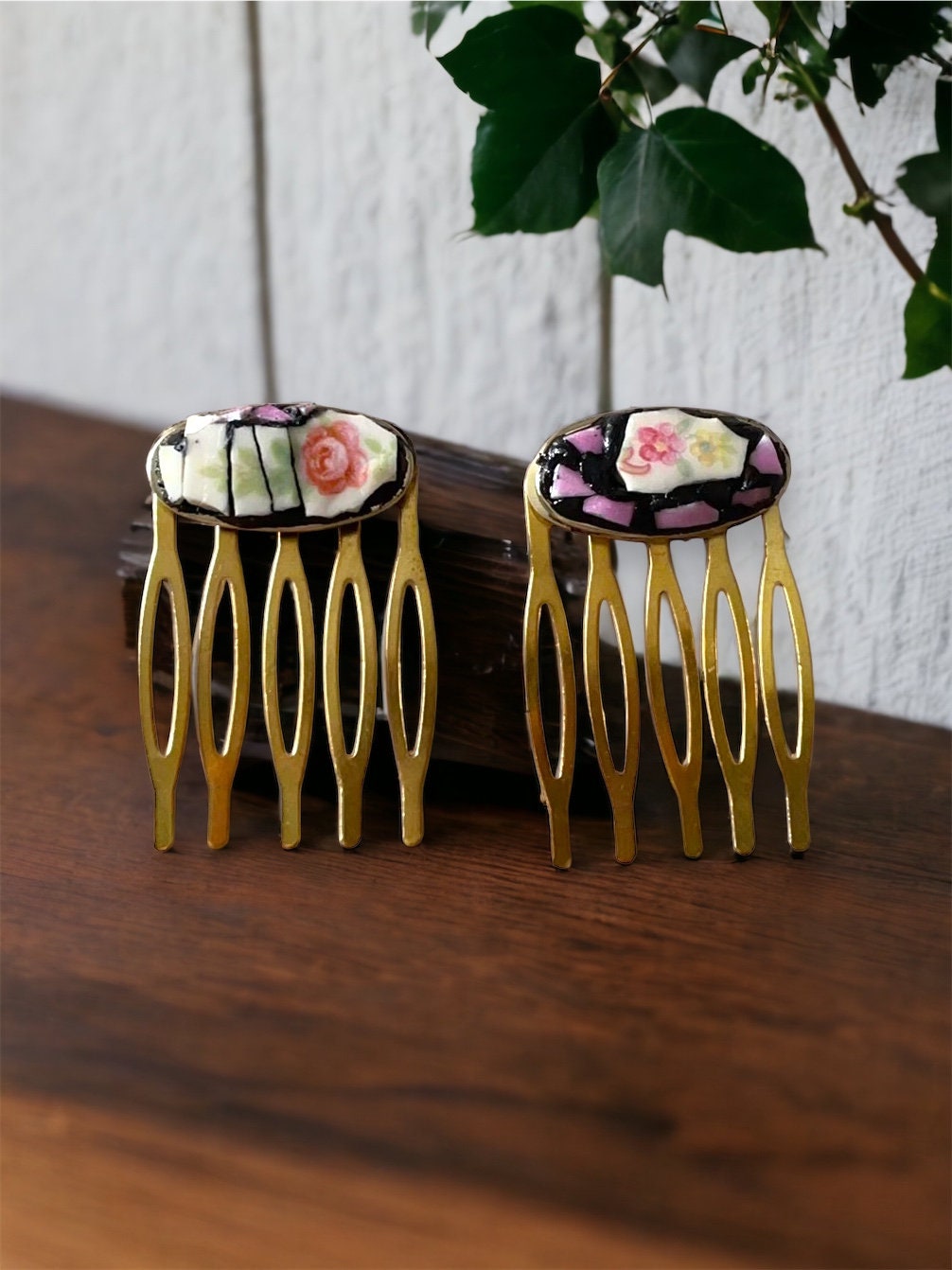 Pair of one-of-a-kind handmade mosaic hair combs with upcycled pieces of vintage dishes