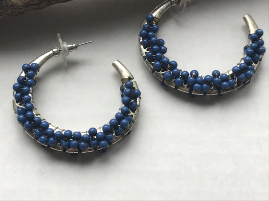 Unique vintage artisan beaded hoop earrings - blue semi precious stones