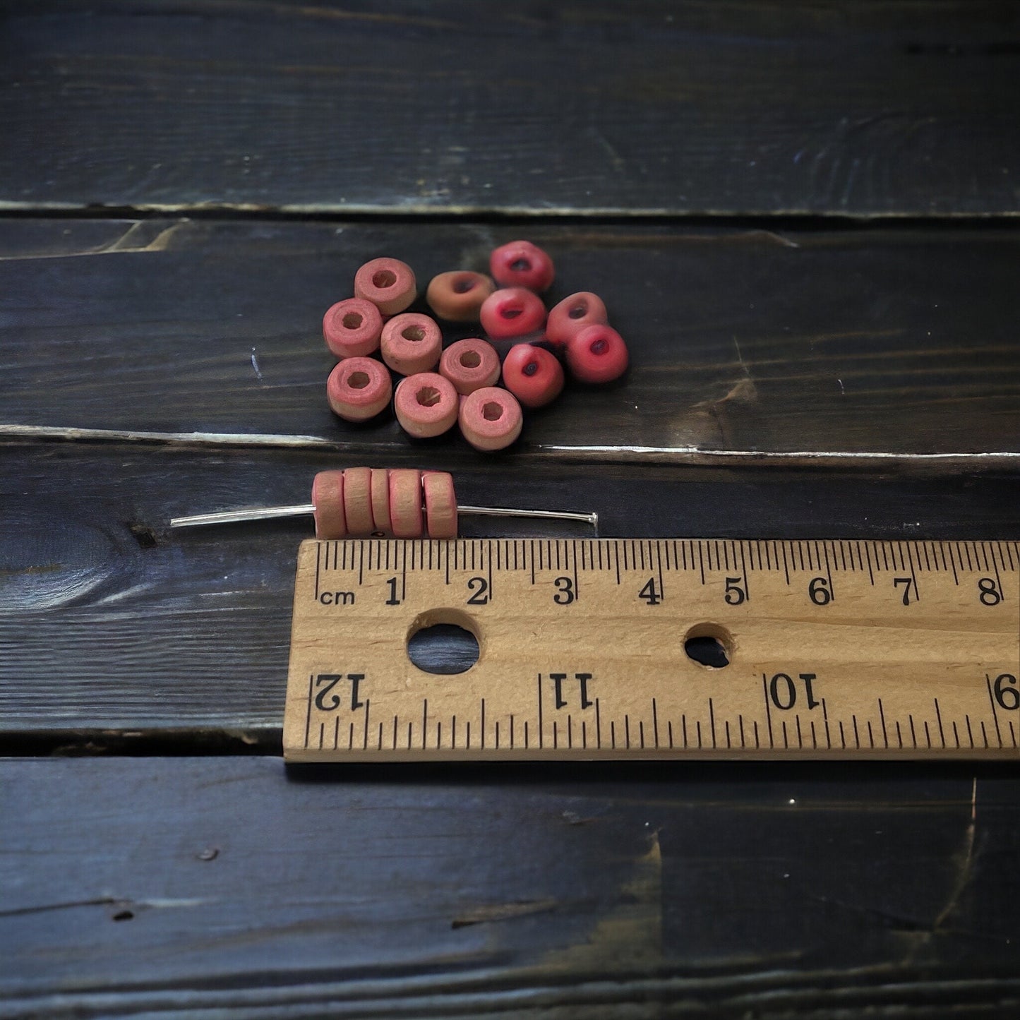 Round flat pink wood vintage beads - approx. 8 mm each