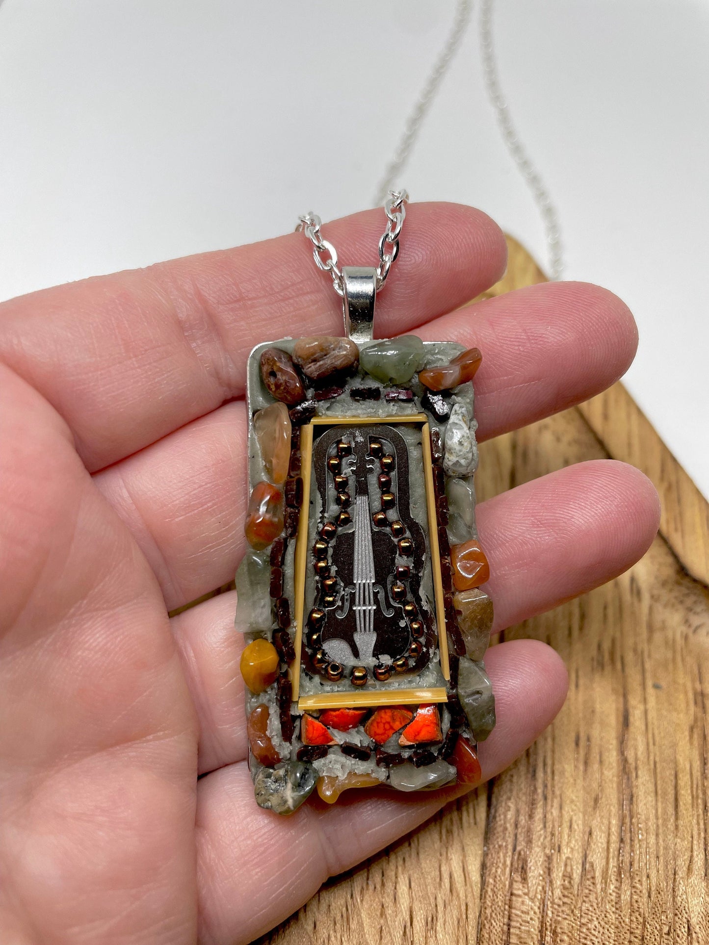 My favorite guitar - one-of-a-kind micro mosaic necklace with mixed material including stone, metal, hand cut tile and strips of glass