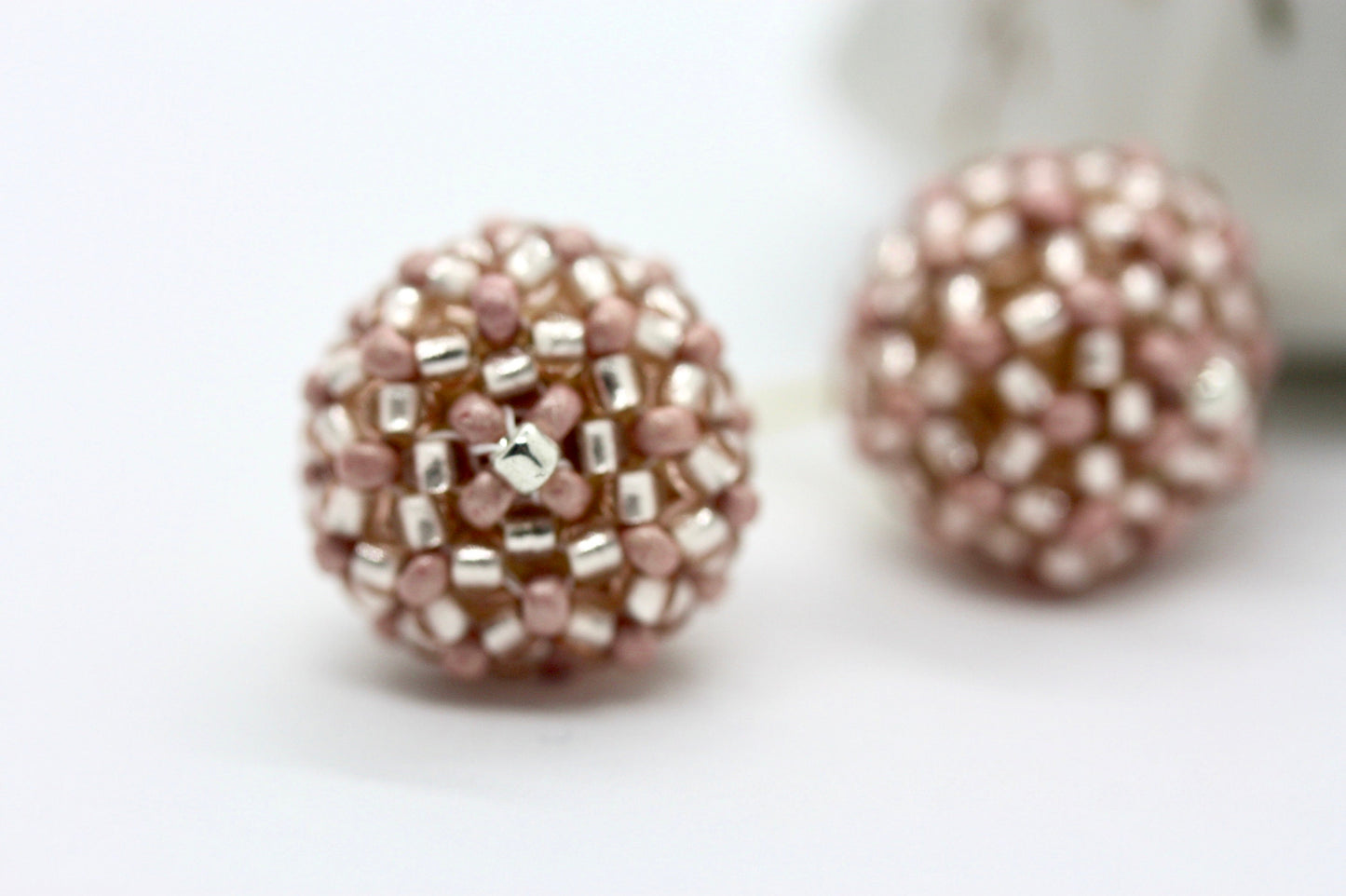 Handmade beaded bead stud earrings - approx. 3/4 of an inch - pink, wedding earrings, summer earrings