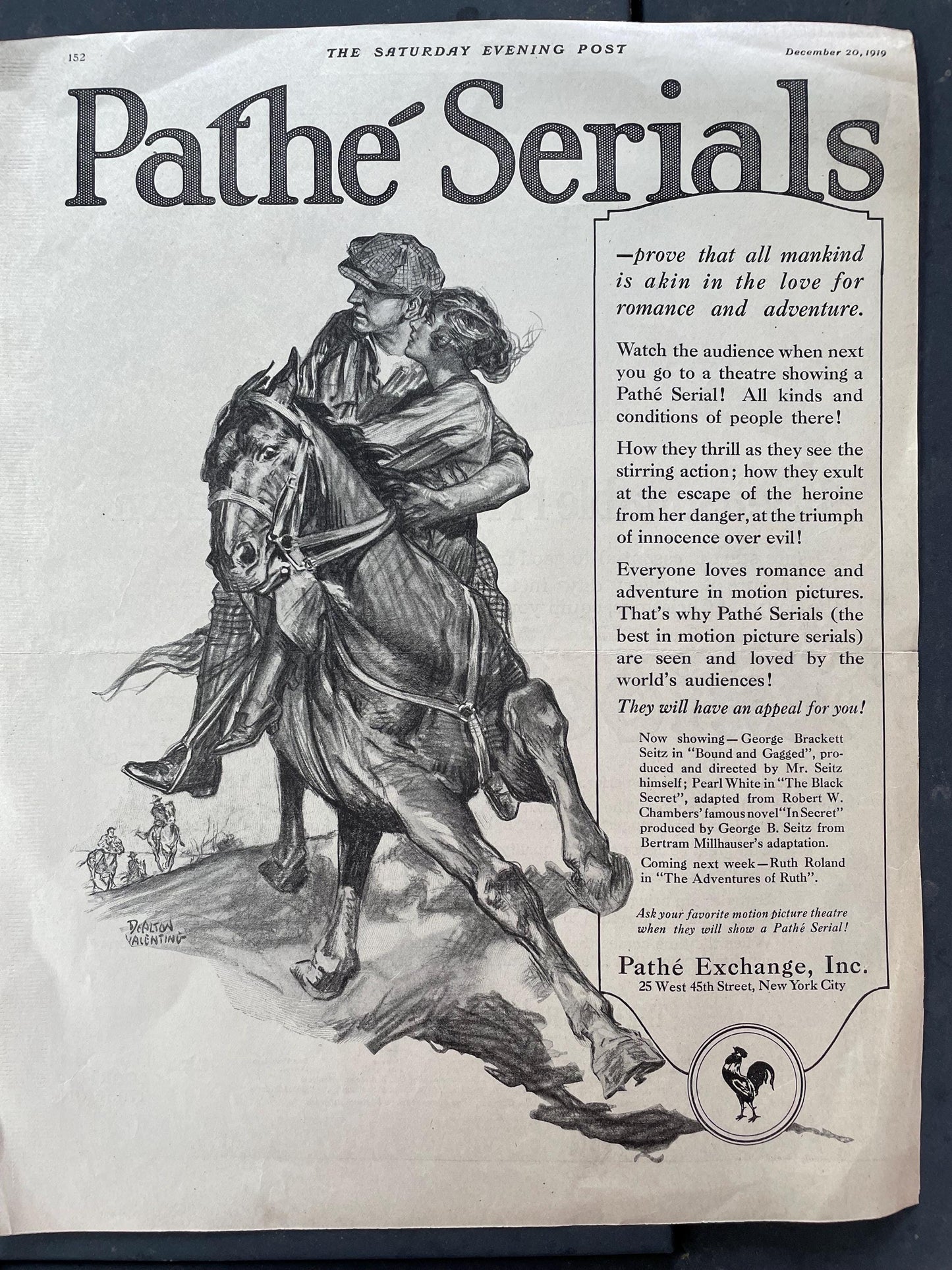 Original 1919 Saturday Evening Post Advertisement for the Pathe Silent Film Pathe Serials Movie - Dealton Valentine Art Ad - romantic ad