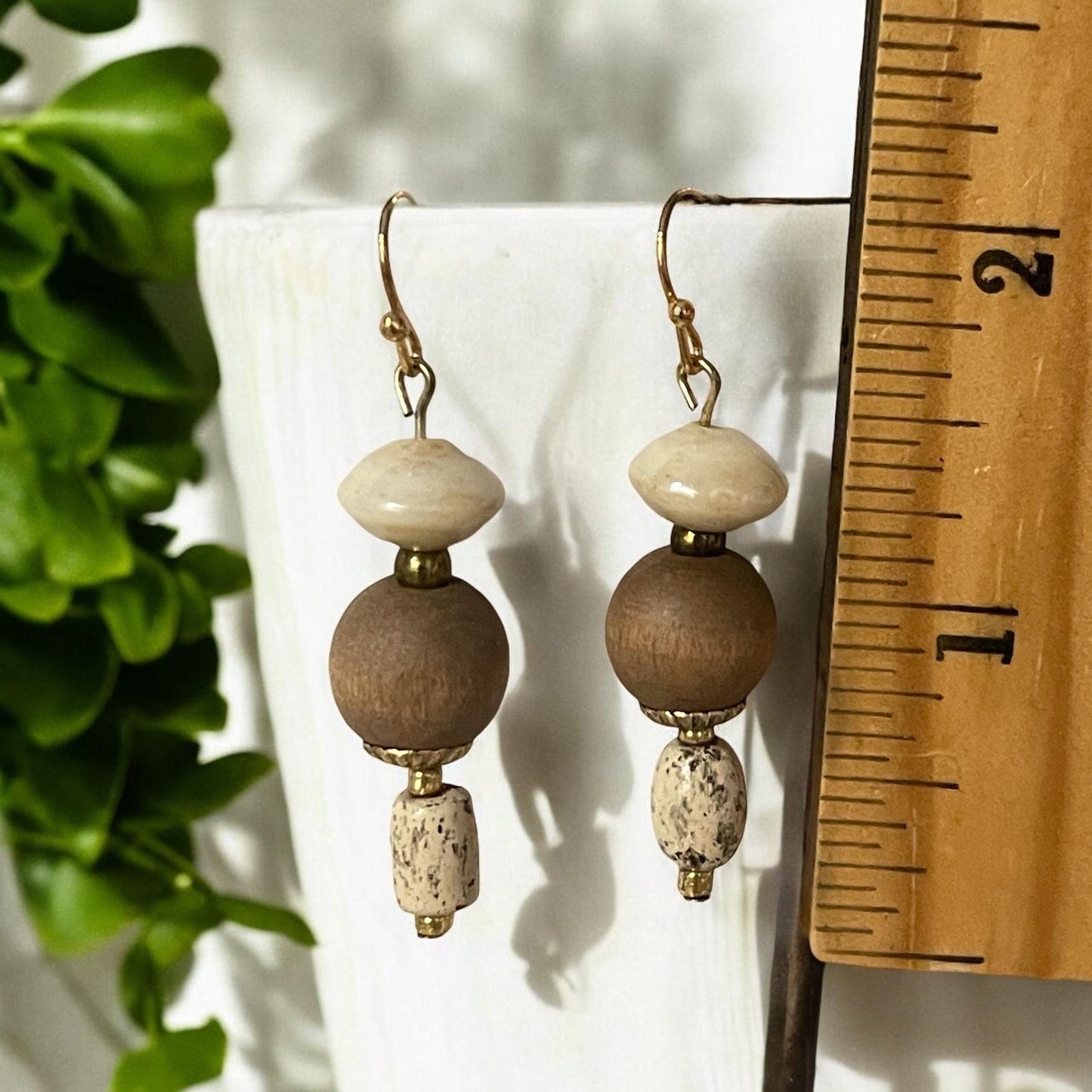 Wood, marble and glass dangle earrings