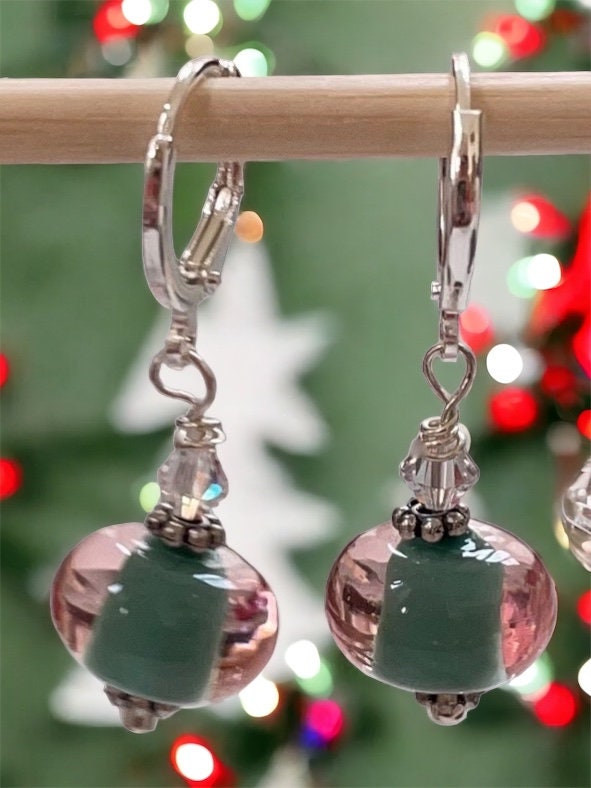 Stunning celadon green and clear glass huggie dangle earrings
