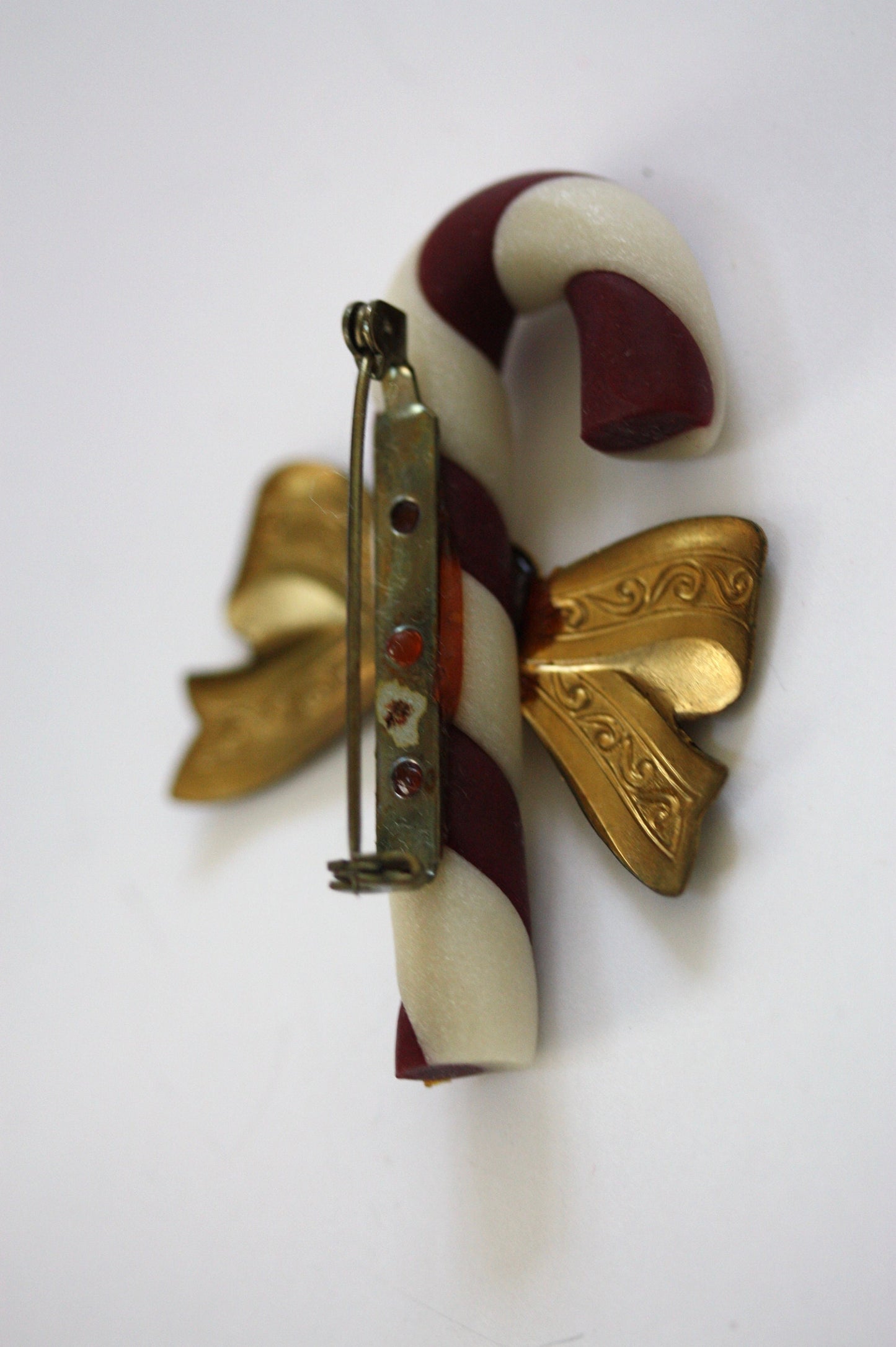 Unique mixed material vintage Candy cane pin with bow