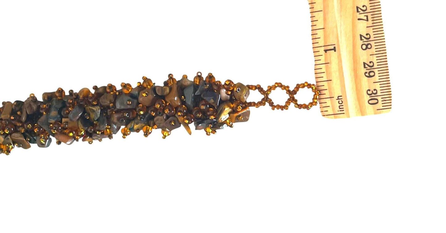 Chunky Brown Stone & Amber Colored Beaded Bracelet, Artisan Gemstone Cuff, Earth Tone Statement Jewelry, Wide Boho Beadwork Bracelet