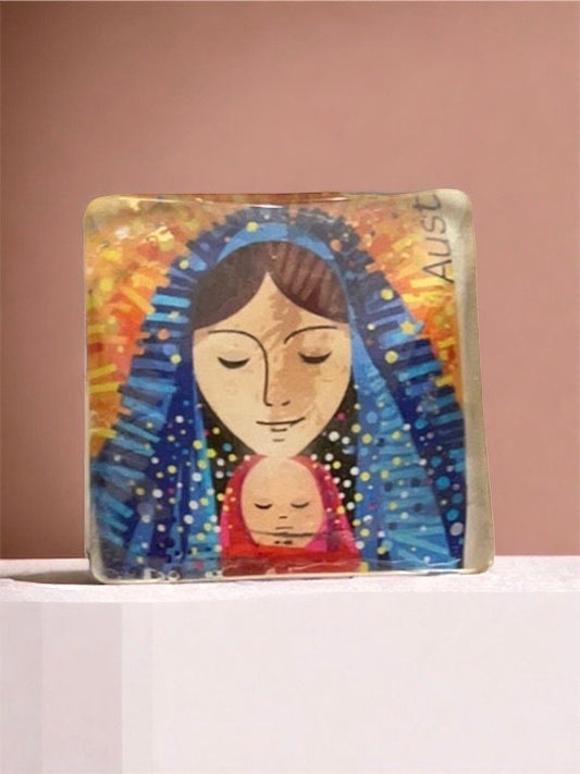 Religious necklace pendant or pin made from genuine vintage and antique postage stamps from Australia