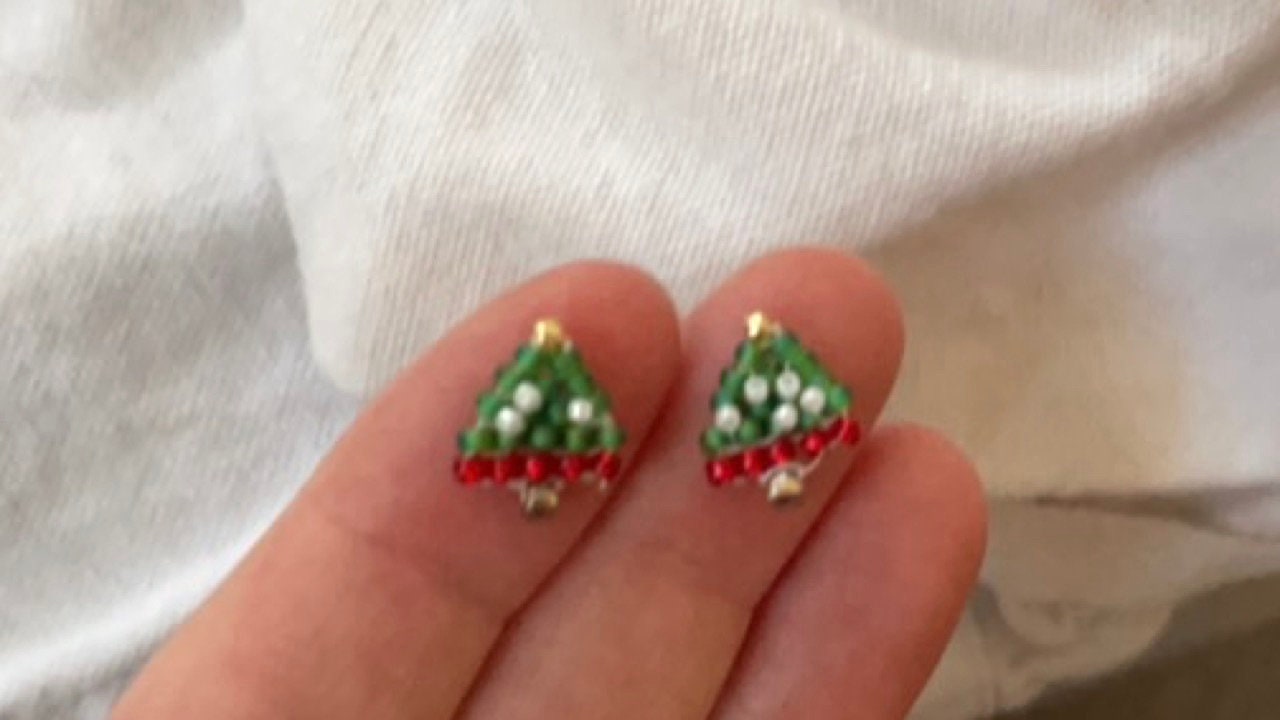 Handmade tiny little beadwork Christmas tree stud earrings