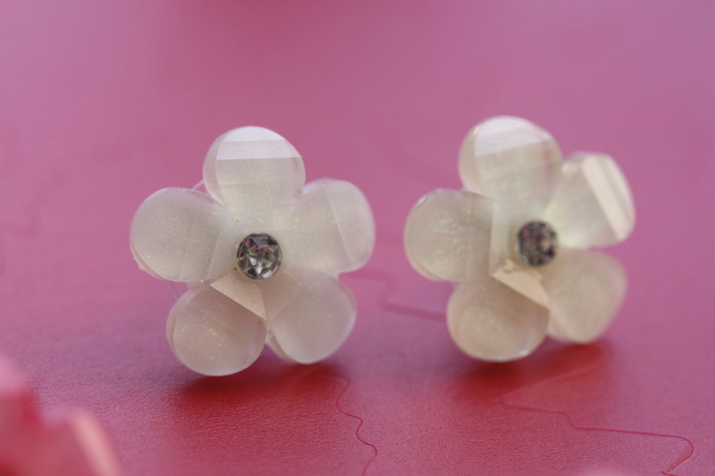 Stud flower earrings with rhinestone centers - dark pink, light pink, ivory - your choice