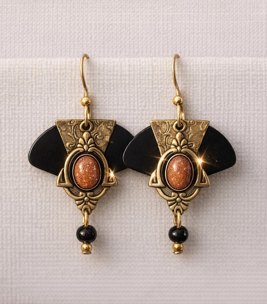 Vintage Art Deco Dangle Earrings • Goldstone Cabochon • Vintage Brass Filigree • Wooden Black Fan Accent • Boho Statement Earrings