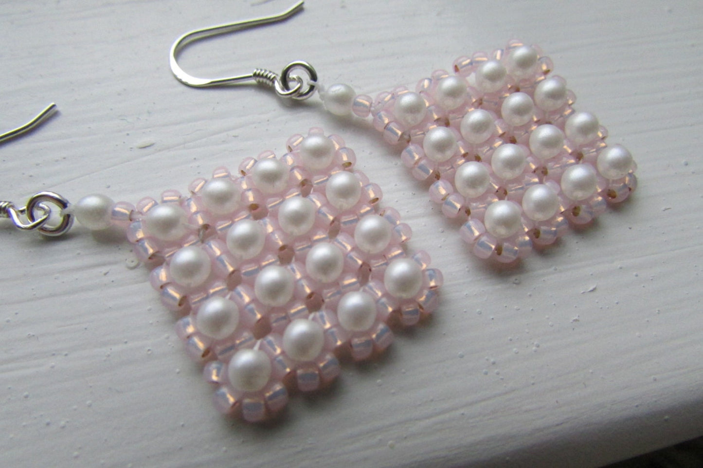 Intricately beaded, hand made, "puffed pillow pearls" small faux pearl beadwork dangle earrings