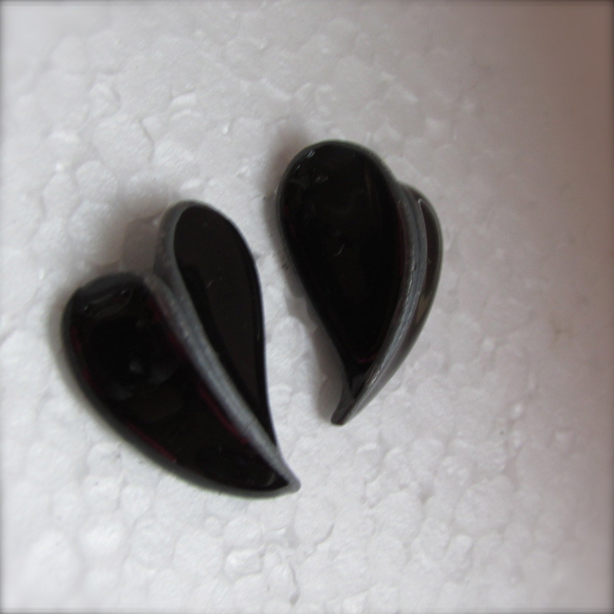 Unique black heart earrings - black shiny enamel over gray metal vintage heart earrings