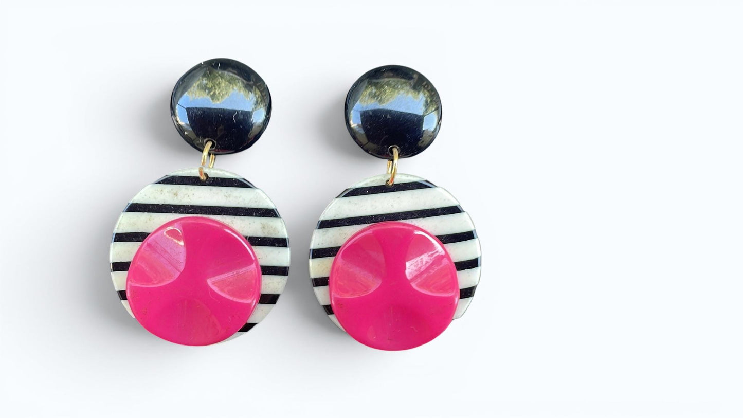 Vintage 1980s Black White Pink Statement Earrings | Bold Geometric Dangle Earrings | Memphis Style Retro Jewelry | Pierced Earrings