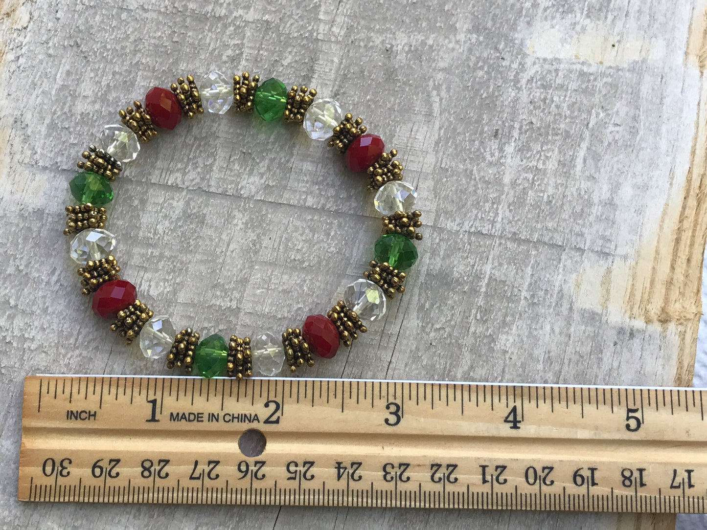 Red, green and clear crystal beaded shimmery vintage bracelet