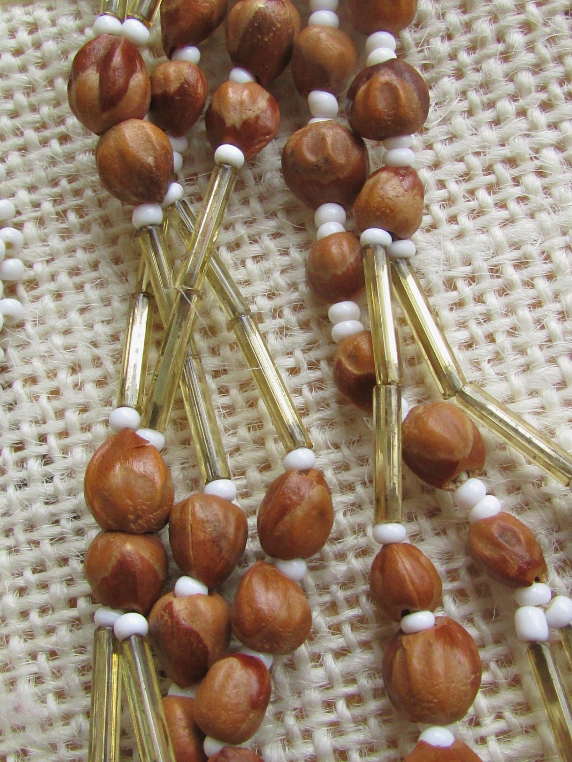 VERY Unique vintage artisan beadwork necklace made of nuts, bugle beads and seed beads