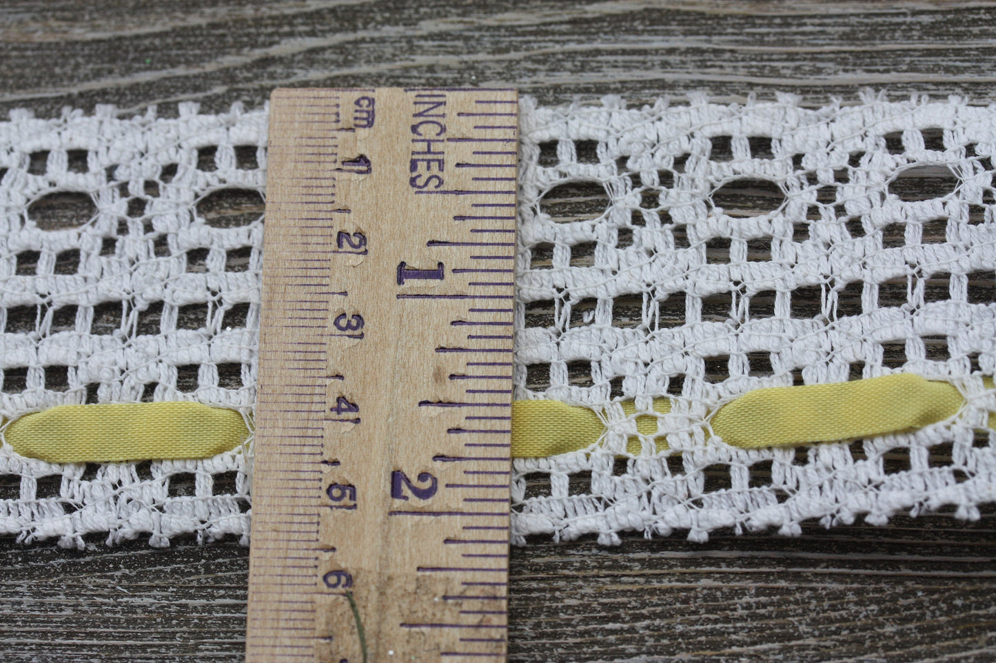 Stunning wide vintage white lace with yellow ribbon - by the yard