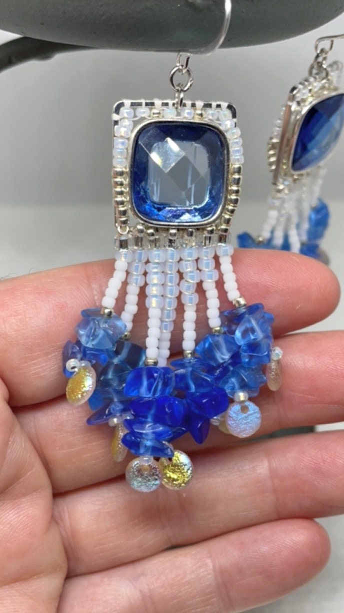 One-of-a-kind mixed material hand beaded dangle beadwork earrings - inspired by the beach - upcycled cabochons, blue glass chips, seed beads