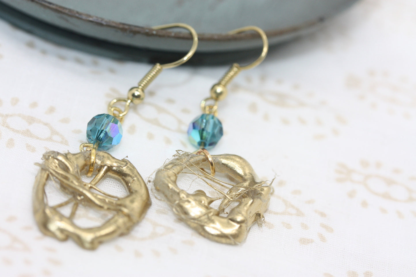 Lightweight faux metal unique free form handmade goldtone dangle earrings with AB blue crystals