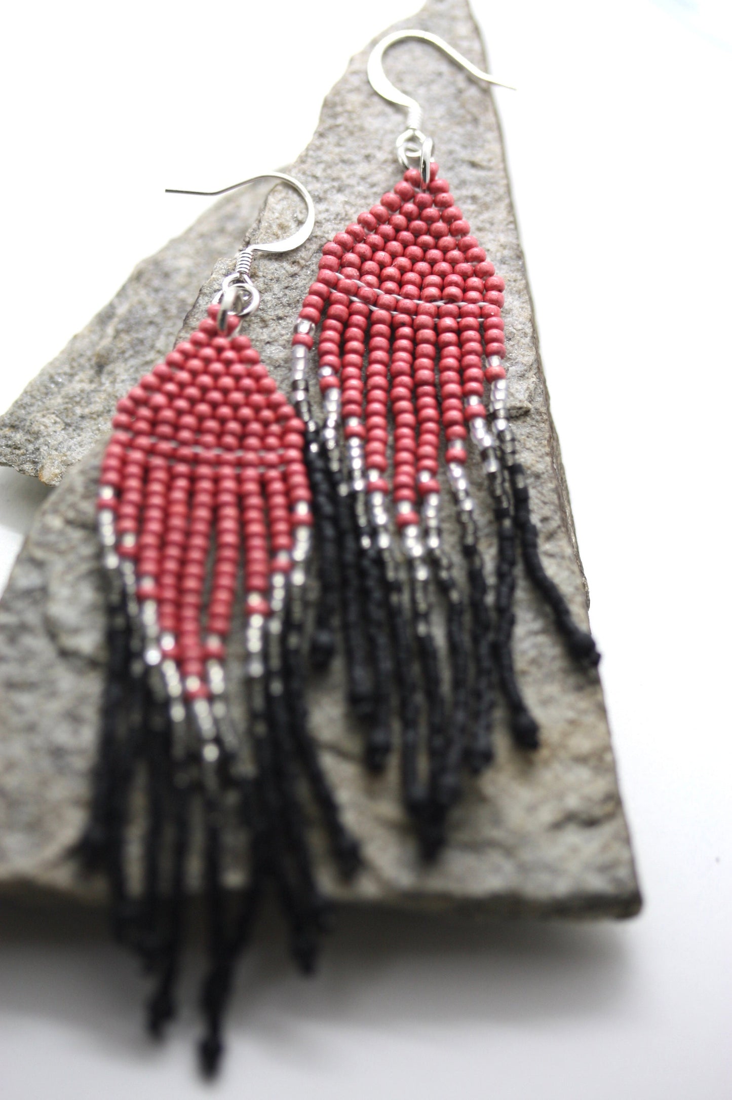 Hand beaded Native-American-Style stunning dangle beadwork earrings - pink, silver and black