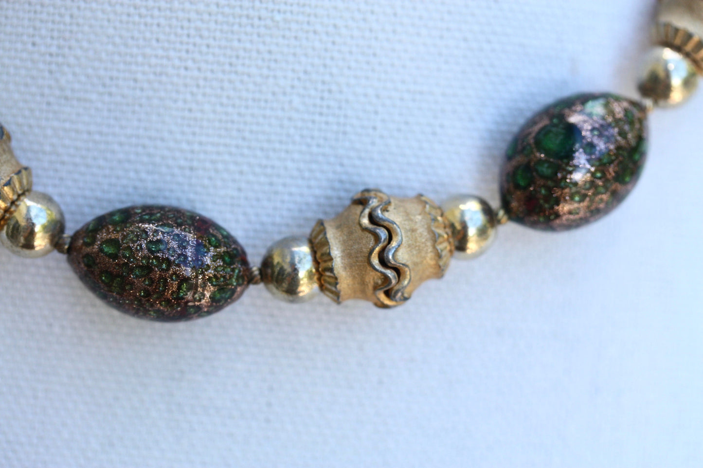 Rare Crown Trifari 1950's Murano Glass Beaded Etruscan Style Necklace - green and gold