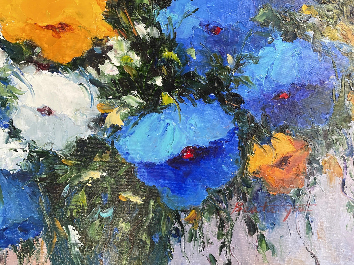 Original Signed Abstract Floral Painting – Large Blue & Yellow Impasto Flowers, Hand-Painted Textured Canvas Art