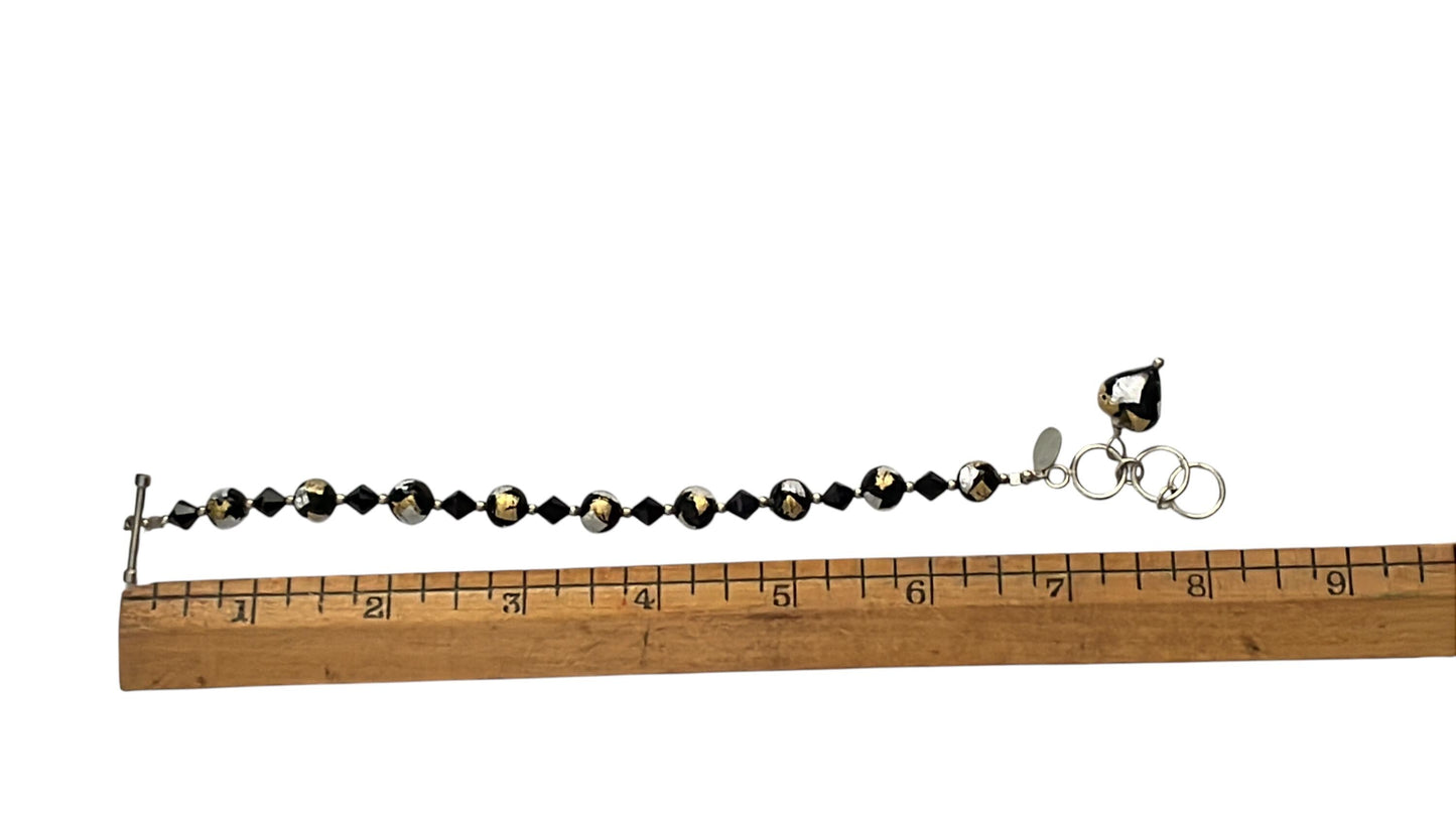 Vintage Lucky Clover brand Murano Glass Bracelet Black Gold Silver Foil Beads, Adjustable 7-8 Inch,m Italian Art Glass Jewelry