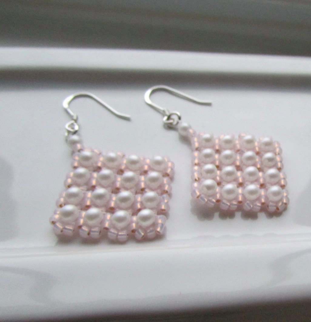 Intricately beaded, hand made, "puffed pillow pearls" small faux pearl beadwork dangle earrings