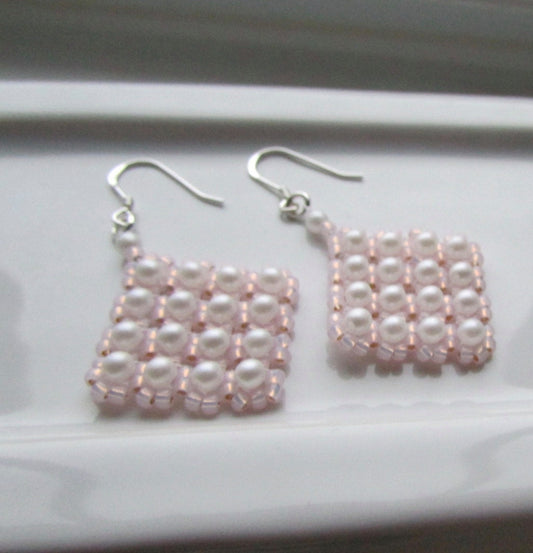 Intricately beaded, hand made, "puffed pillow pearls" small faux pearl beadwork dangle earrings
