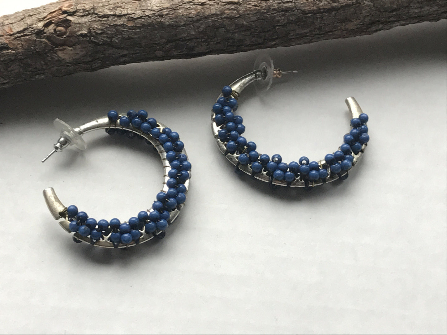 Unique vintage artisan beaded hoop earrings - blue semi precious stones
