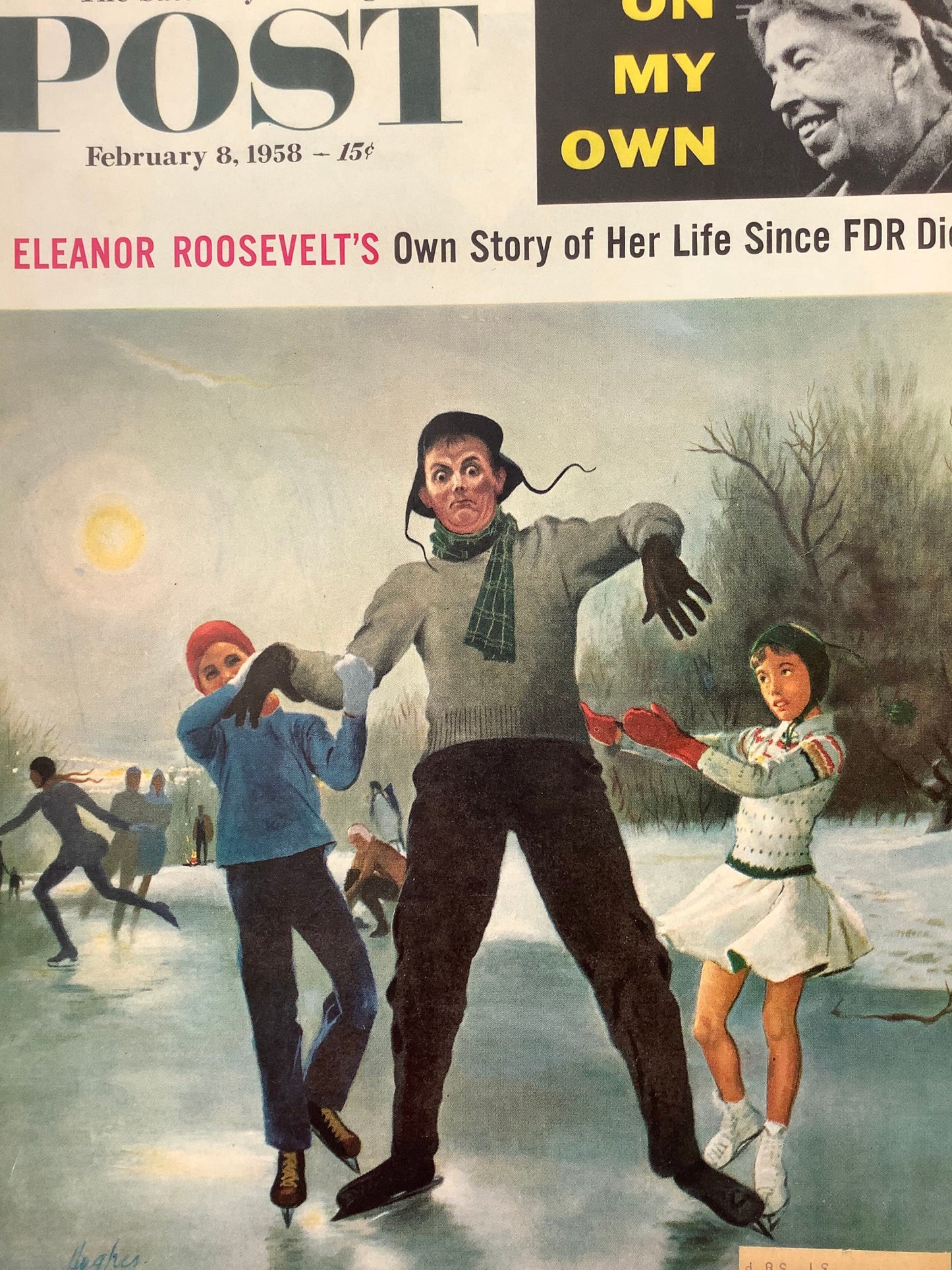 RARE - Saturday Evening Post - Original Cover - February 8, 1958 - ice skating