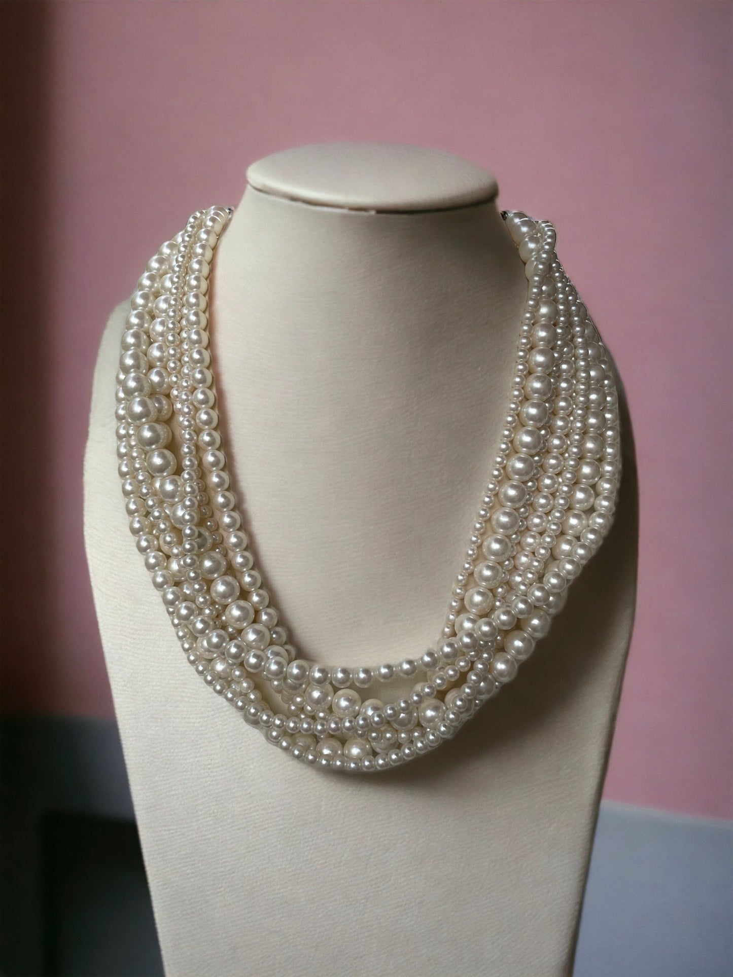 Stunning multi-stranded multi-sized all white faux pearl vintage necklace