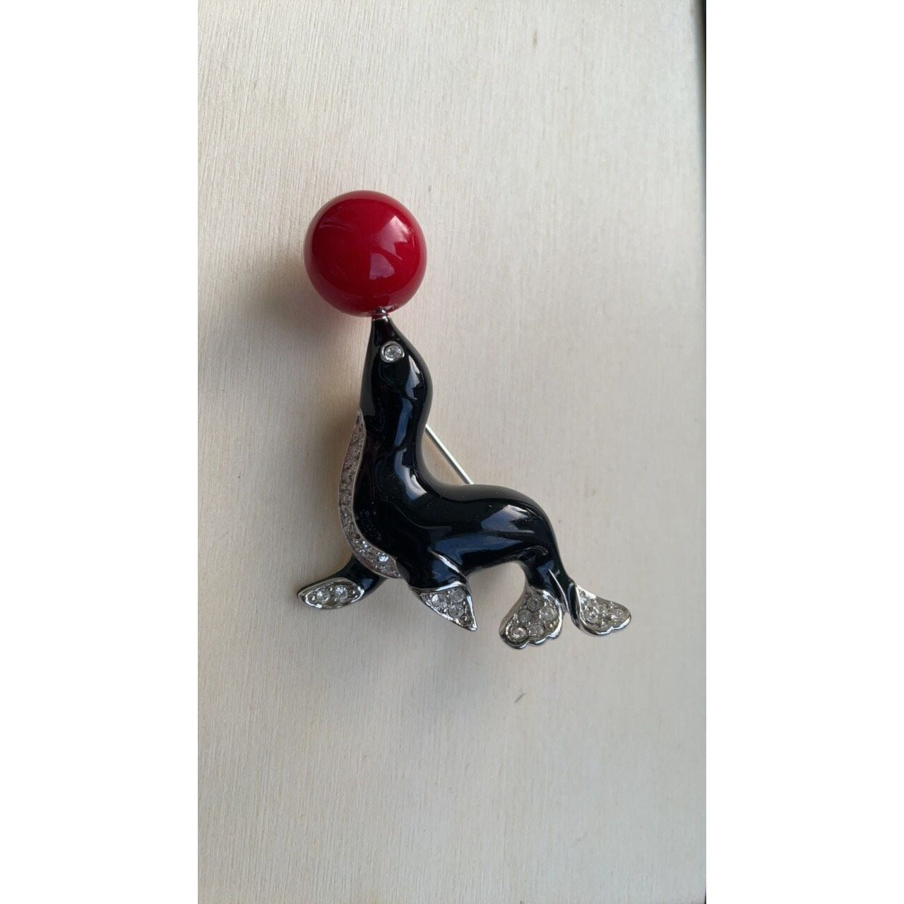 Stunning Vintage Kenneth Jay Lane (KJL) Figural Seal Brooch Black Enamel with Rhinestones and red ball