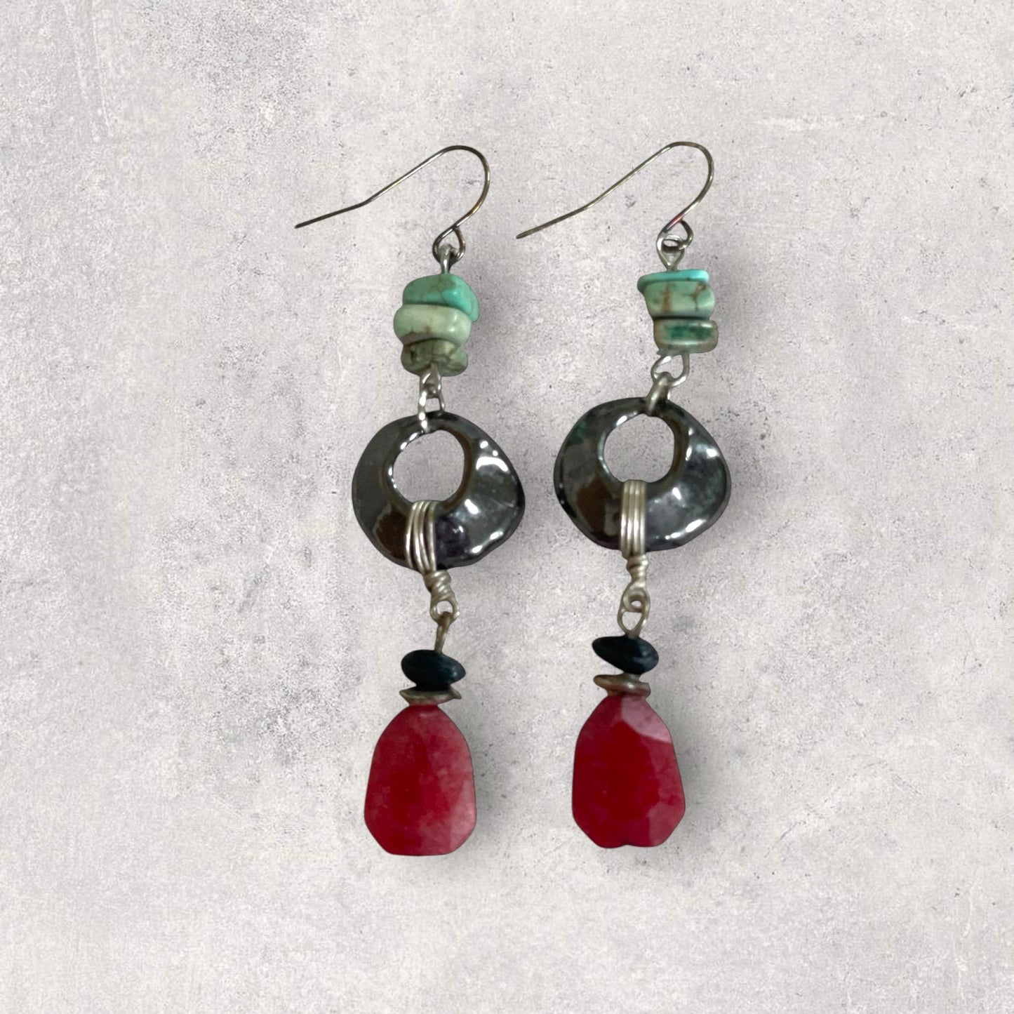 Turquoise Chip Dangle Earrings – Upcycled Metal Hoops with wrapped wire and reddish orange Drops, Boho Handmade Jewelry, Gift for Her