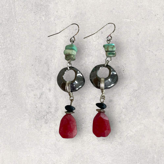 Turquoise Chip Dangle Earrings – Upcycled Metal Hoops with wrapped wire and reddish orange Drops, Boho Handmade Jewelry, Gift for Her