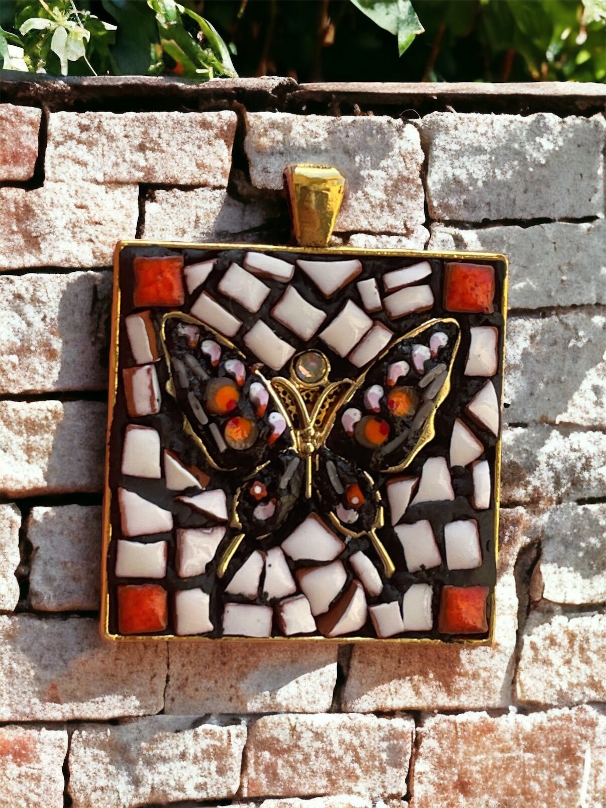 Handmade mixed material hand cut tile and Italian micro mosaic glass - square butterfly necklace