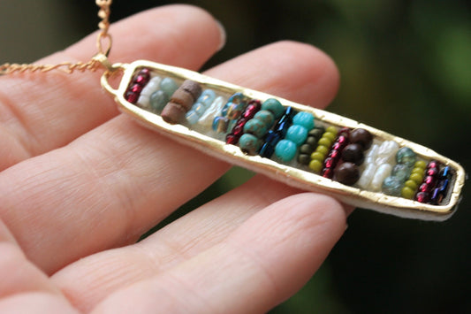 Hand beaded mixed material necklace - baroque pearl, glass, wood, metal, turquoise