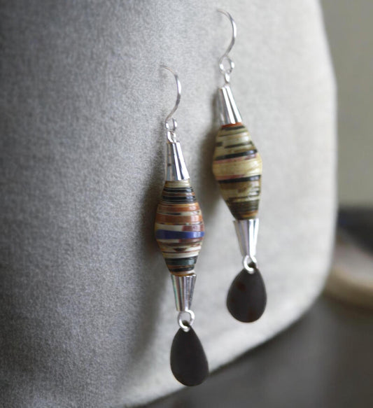 Oval rolled paper with cone metal caps and teardrop dangles - handmade earrings - 2" long