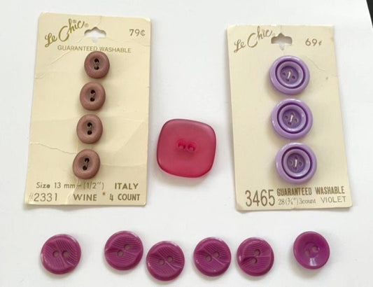 Lot of vintage buttons - from Italy and elsewhere - shades of purple, pink and wine