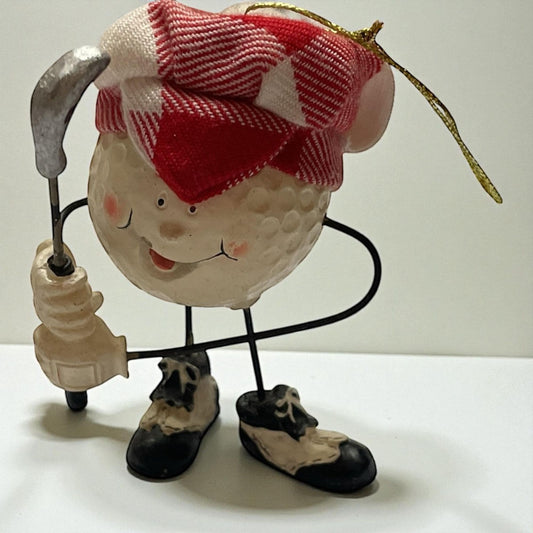 Vintage Golf Ball Character Ornament – Resin Golfer Figurine with Club & Plaid Cap