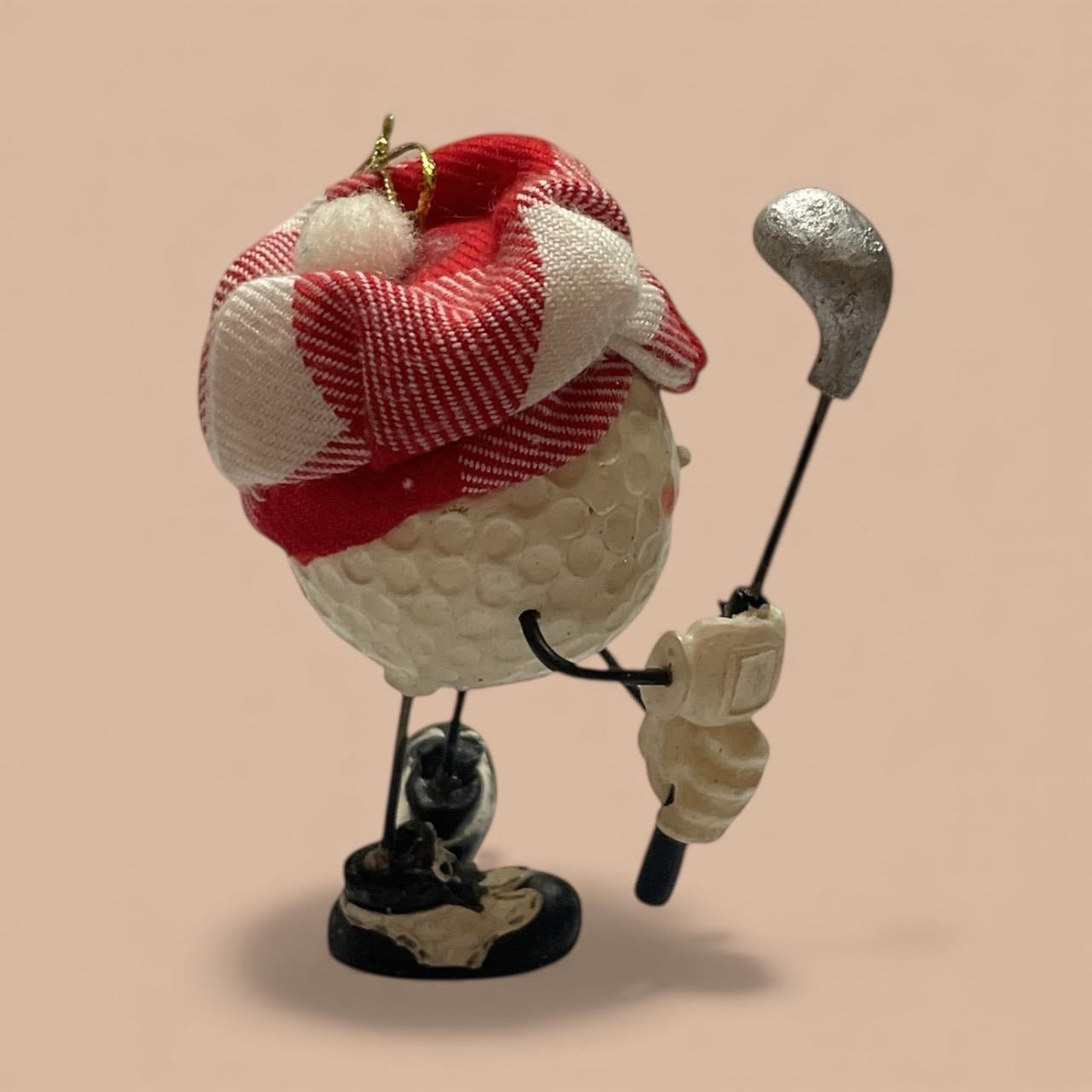 Vintage Golf Ball Character Ornament – Resin Golfer Figurine with Club & Plaid Cap