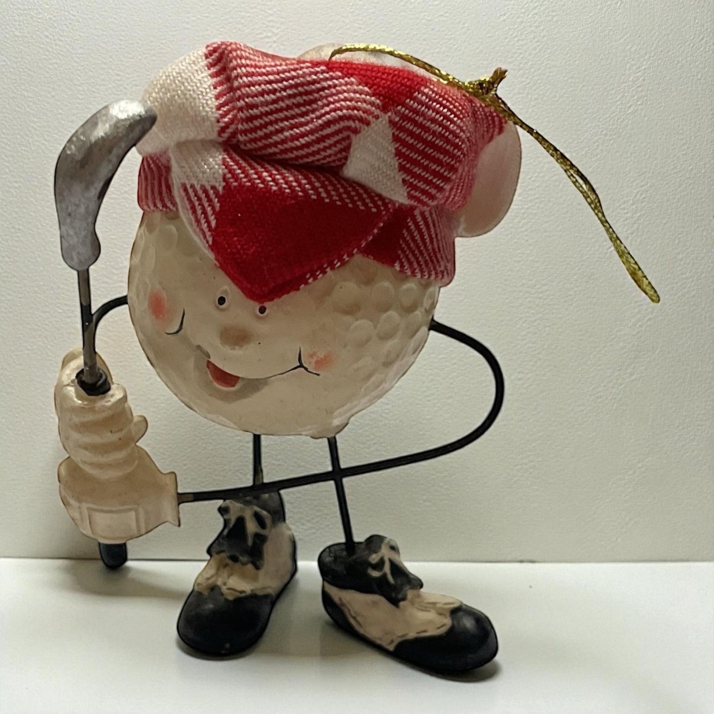 Vintage Golf Ball Character Ornament – Resin Golfer Figurine with Club & Plaid Cap