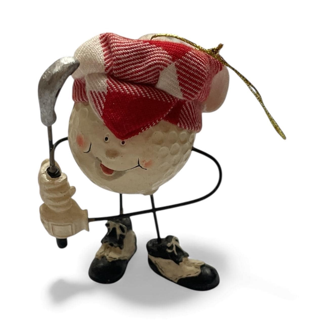Vintage Golf Ball Character Ornament – Resin Golfer Figurine with Club & Plaid Cap