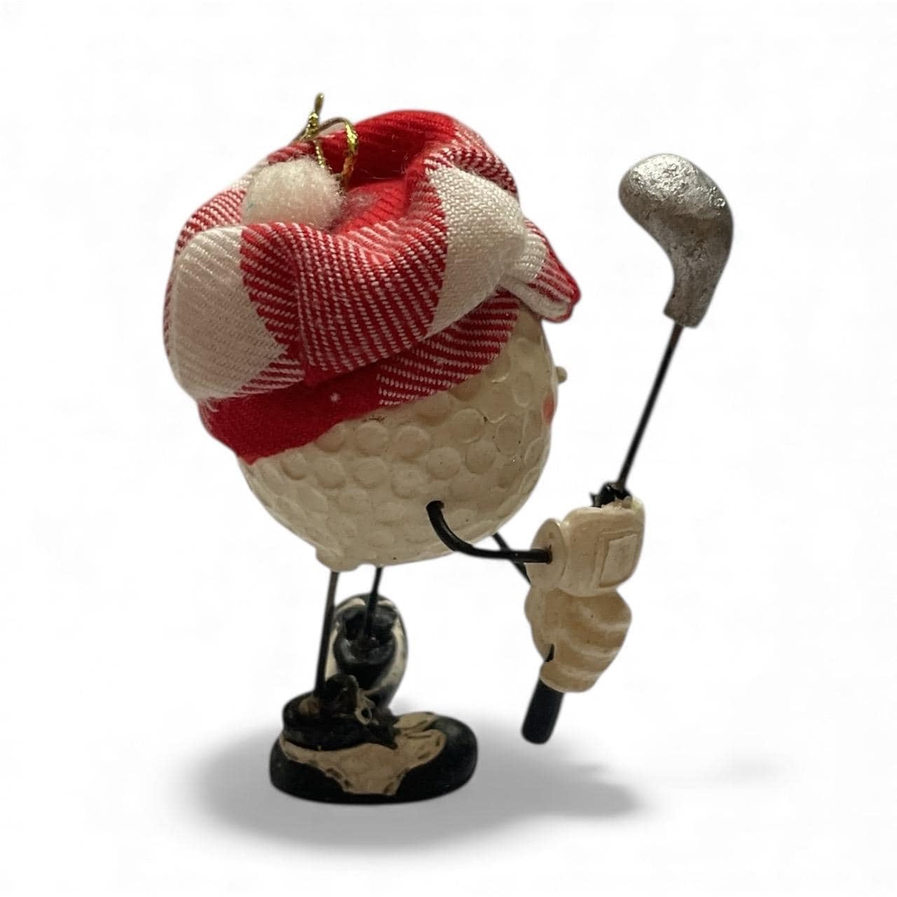 Vintage Golf Ball Character Ornament – Resin Golfer Figurine with Club & Plaid Cap