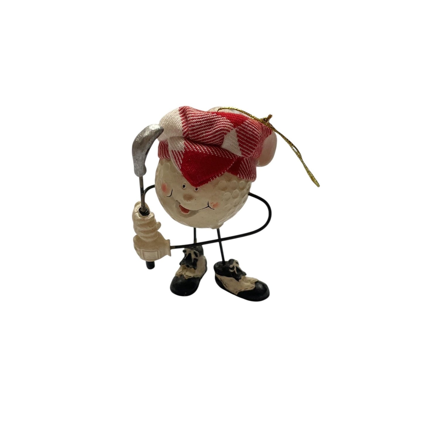 Vintage Golf Ball Character Ornament – Resin Golfer Figurine with Club & Plaid Cap