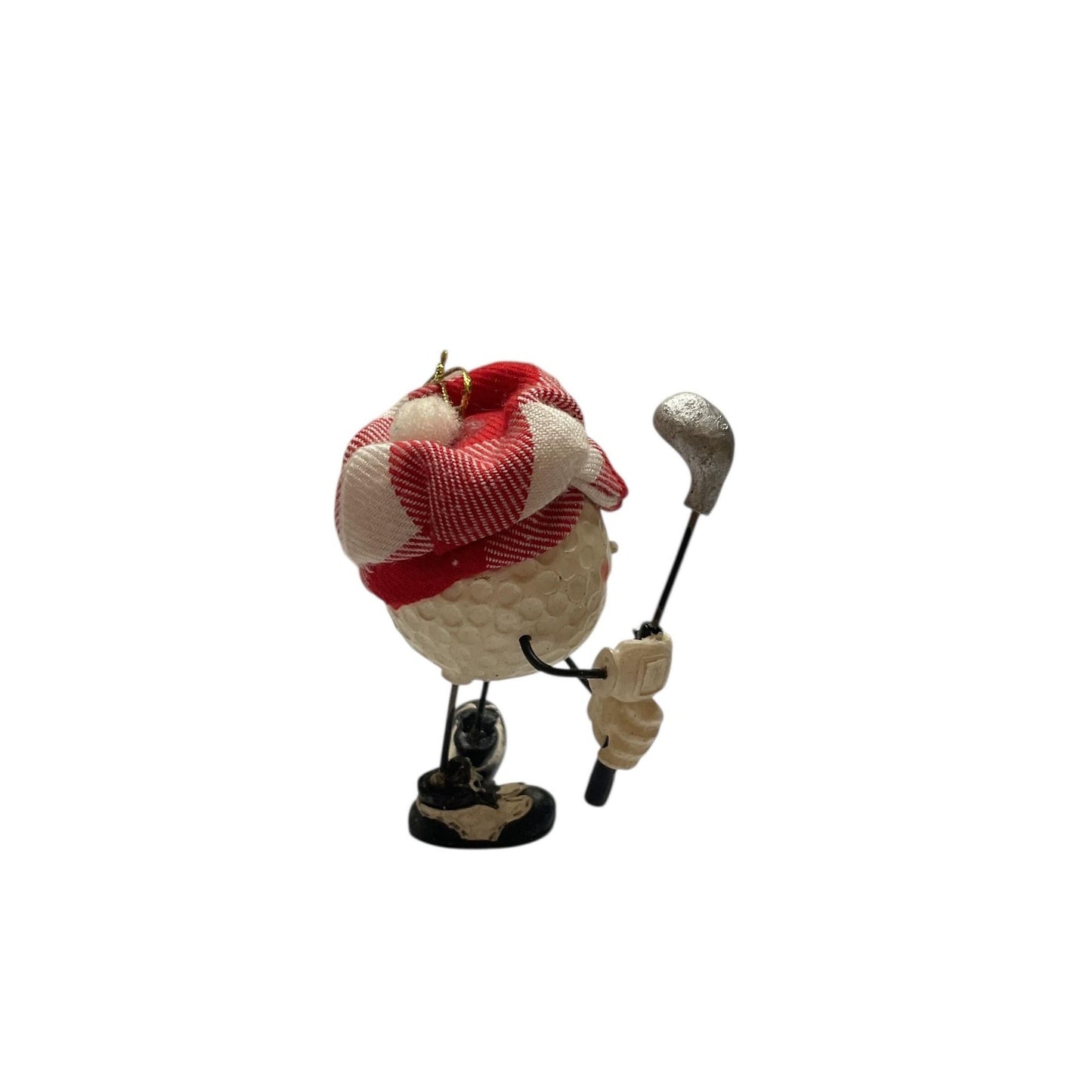 Vintage Golf Ball Character Ornament – Resin Golfer Figurine with Club & Plaid Cap