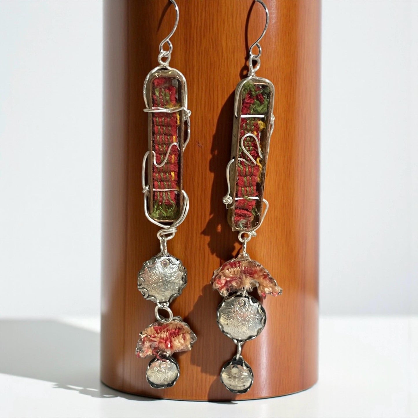 Handmade Textile & Silver Wire Dangle Earrings – Boho Fiber Art Jewelry, Mixed Media Statement Earrings