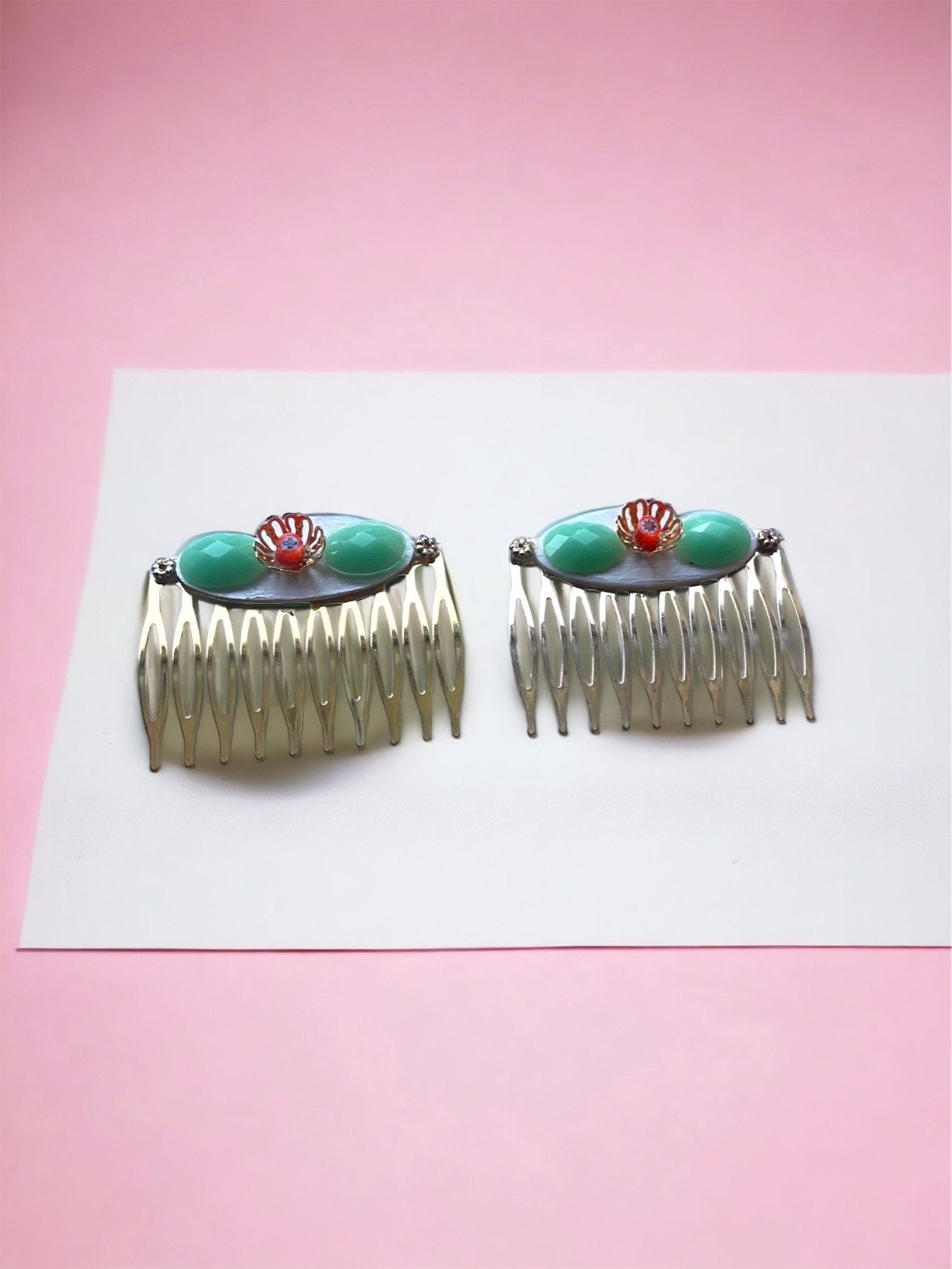 Pair of one-of-a-kind mixed medium handmade floral hair clips