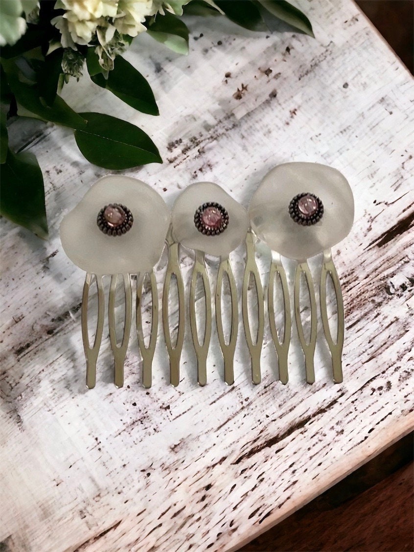 Unique clear white free form lucite and pink glass hair comb